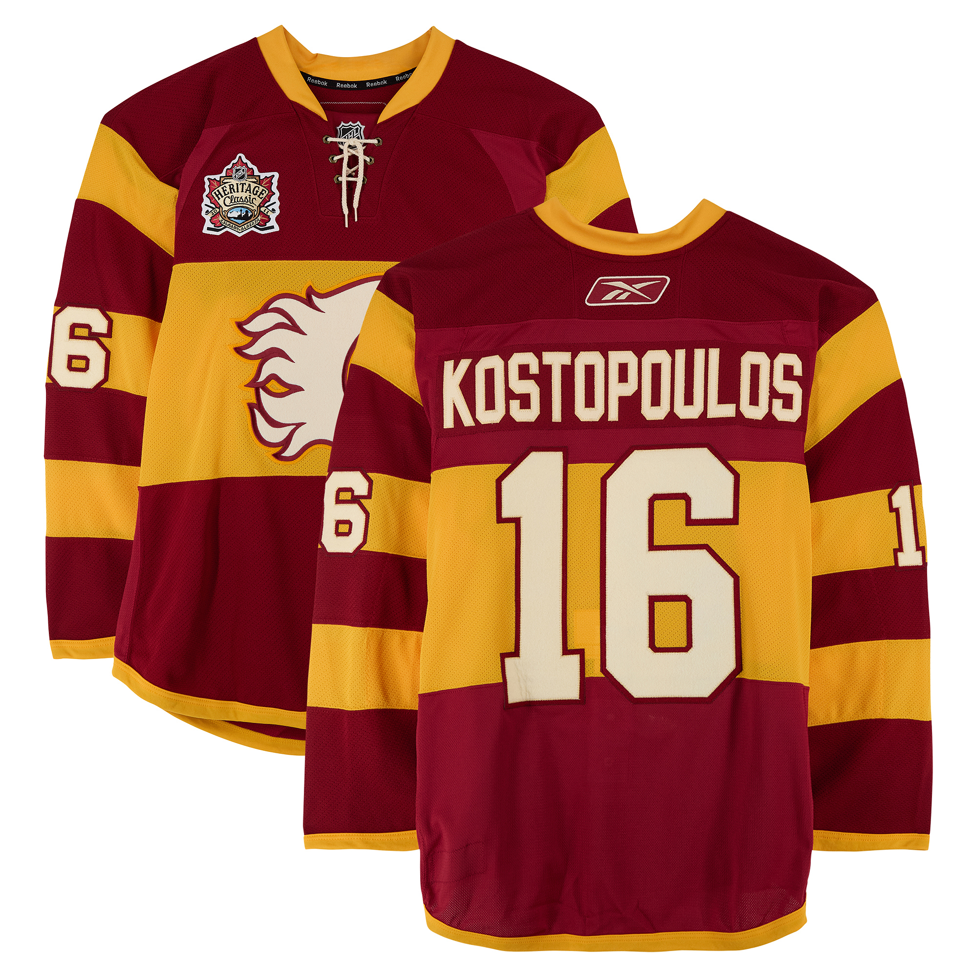 Tom Kostopoulos Calgary Flames Practice-Used #16 Yellow Jersey vs. Montreal Canadiens on February 20, 2011