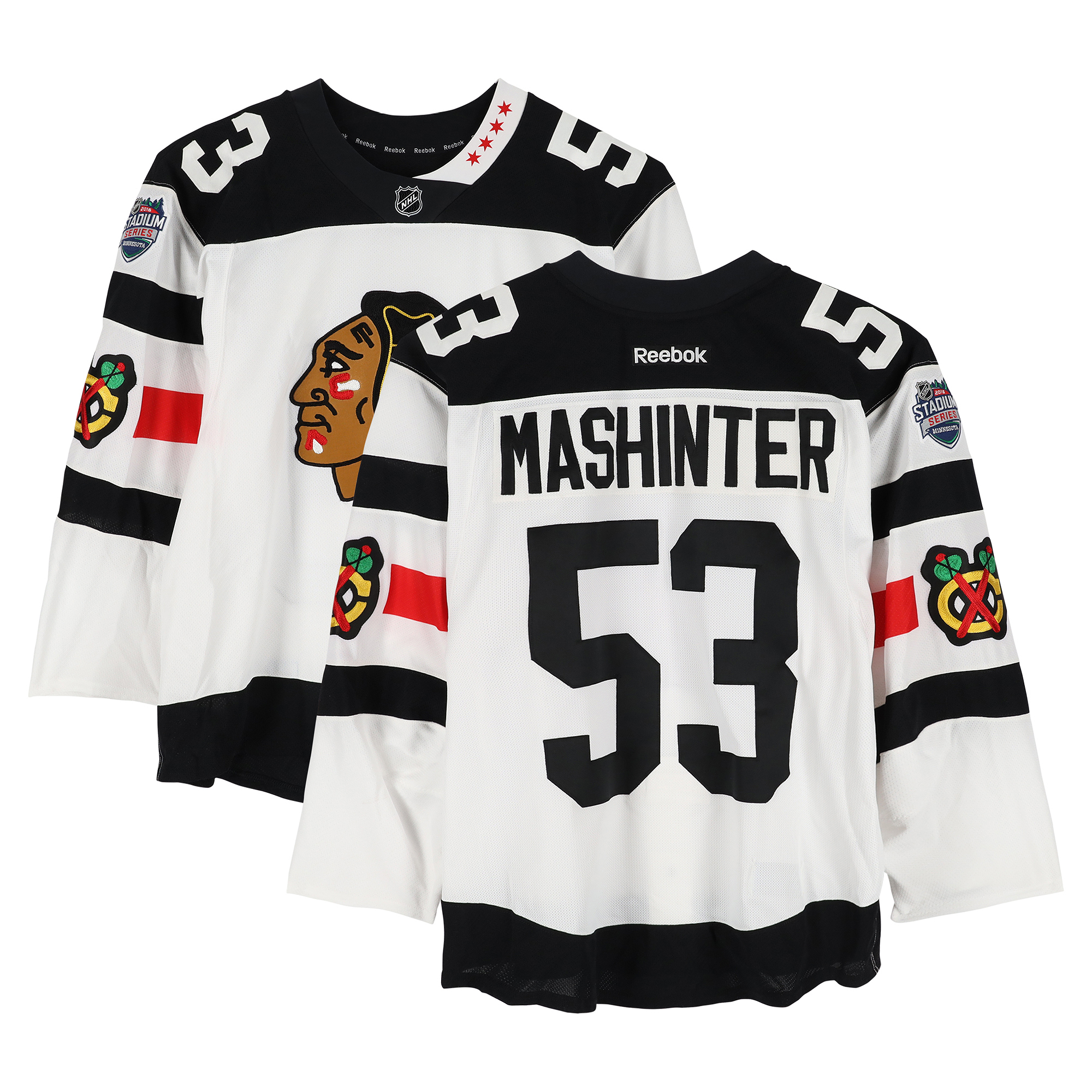 Brandon Mashinter Chicago Blackhawks Practice-Used #53 White Jersey vs. Minnesota Wild on February 21, 2016