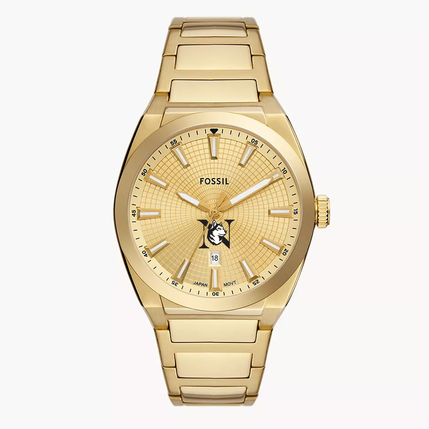 Men's Fossil  Gold Northeastern Huskies Everett Three-Hand Date Stainless Steel Watch
