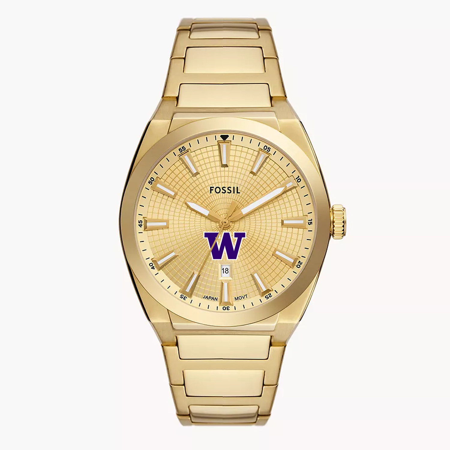 Men's Fossil  Gold Washington Huskies Everett Three-Hand Date Stainless Steel Watch