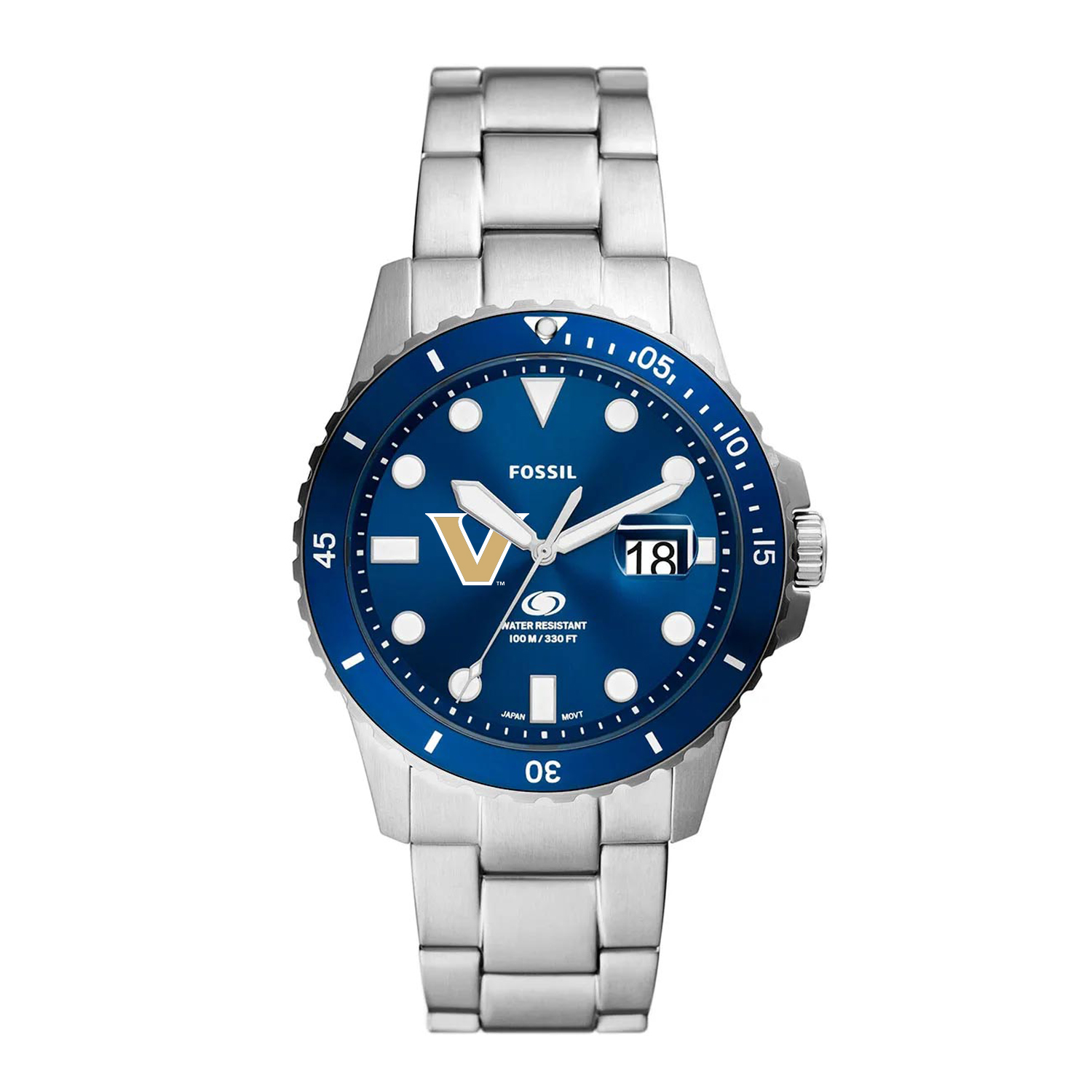 Men's Fossil  Silver Vanderbilt Commodores Dive Three-Hand Date Stainless Steel Watch