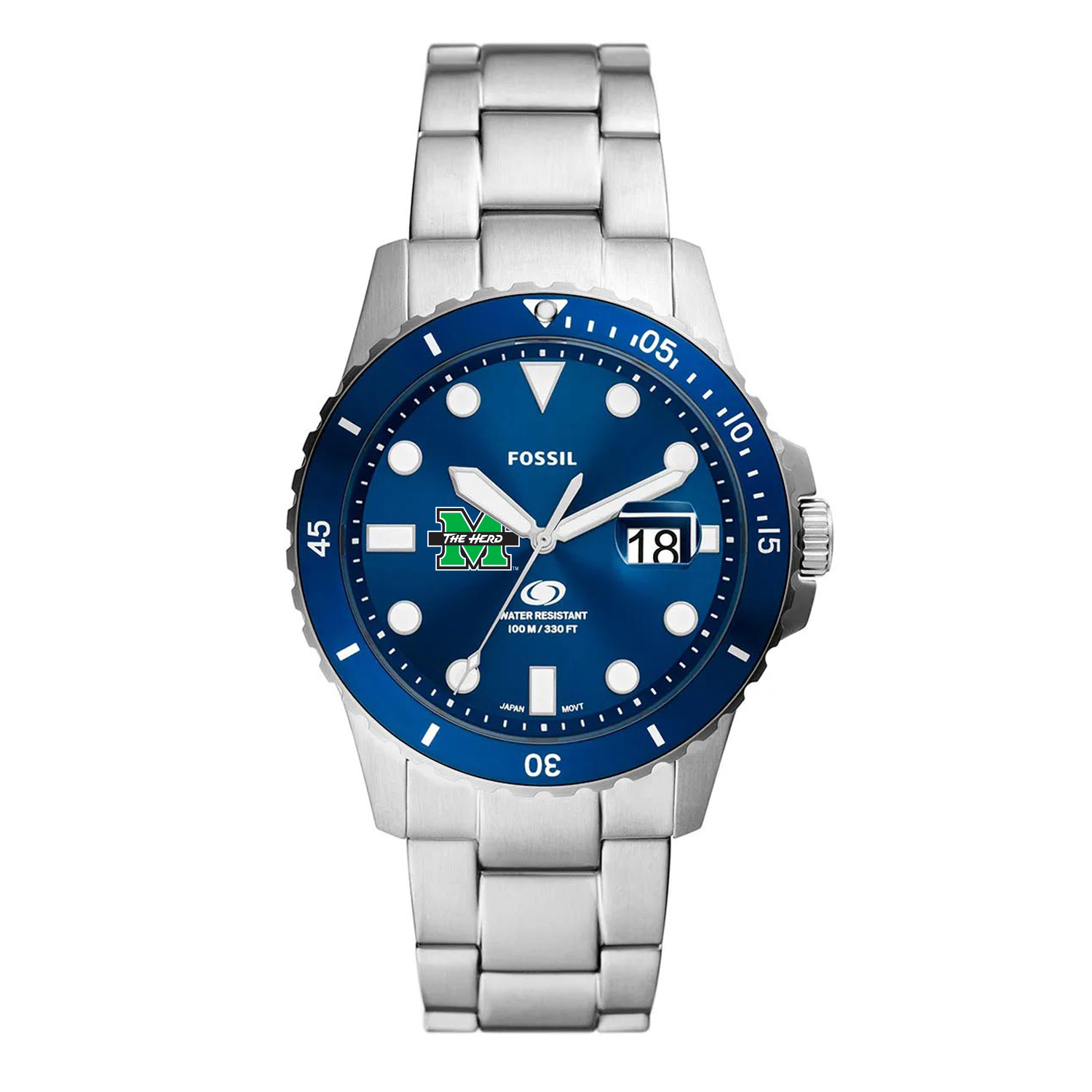 Men's Fossil  Silver Marshall Thundering Herd Dive Three-Hand Date Stainless Steel Watch