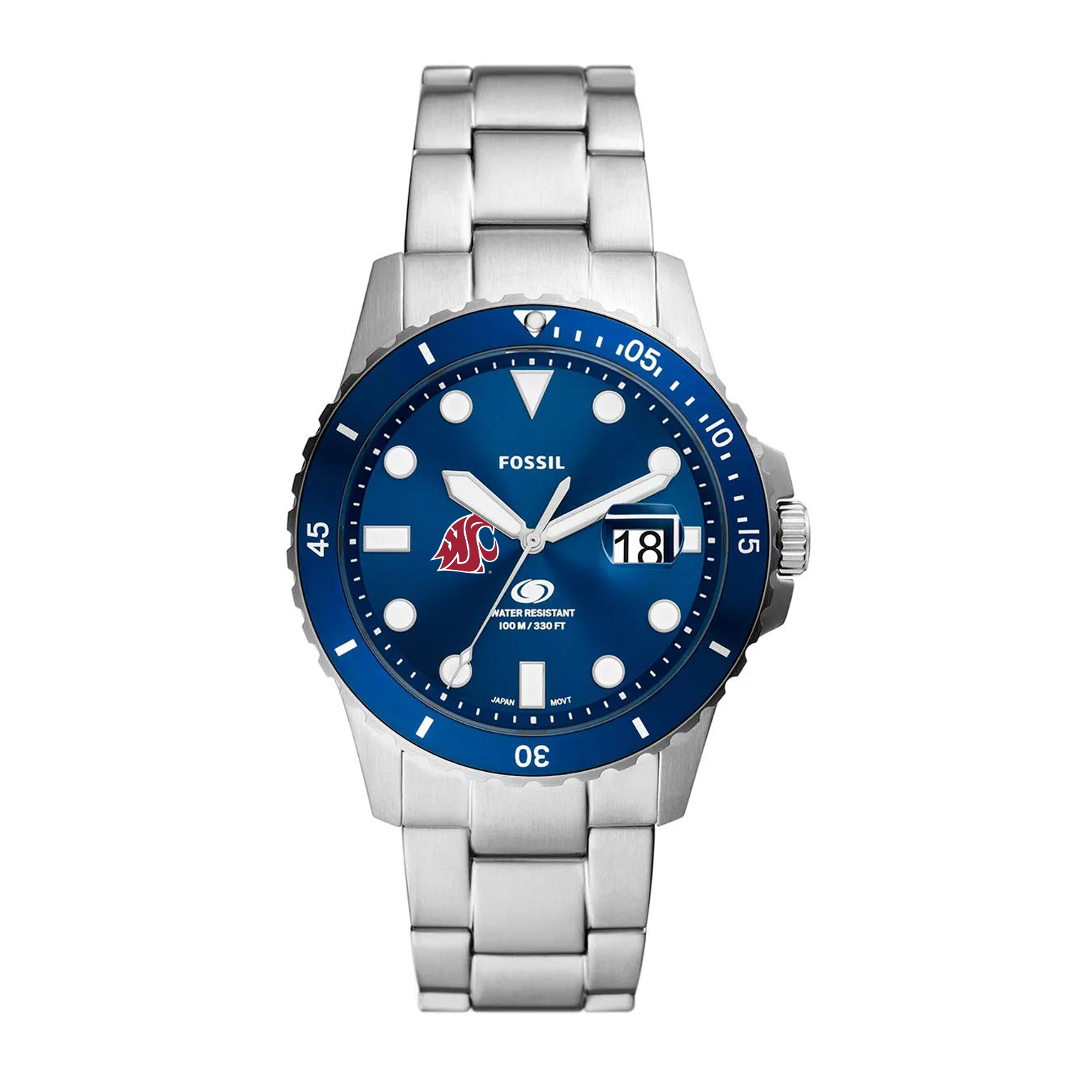 Men's Fossil  Silver Washington State Cougars Dive Three-Hand Date Stainless Steel Watch