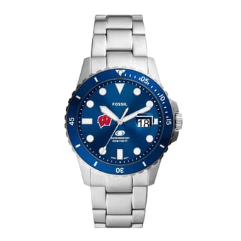 Men's Fossil  Silver Wisconsin Badgers Dive Three-Hand Date Stainless Steel Watch