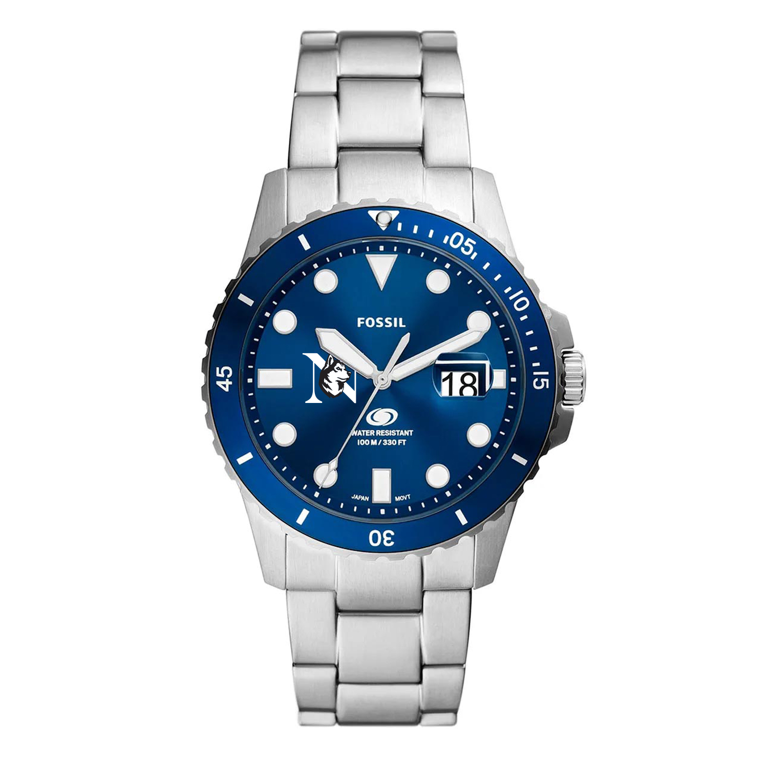 Men's Fossil  Silver Northeastern Huskies Dive Three-Hand Date Stainless Steel Watch