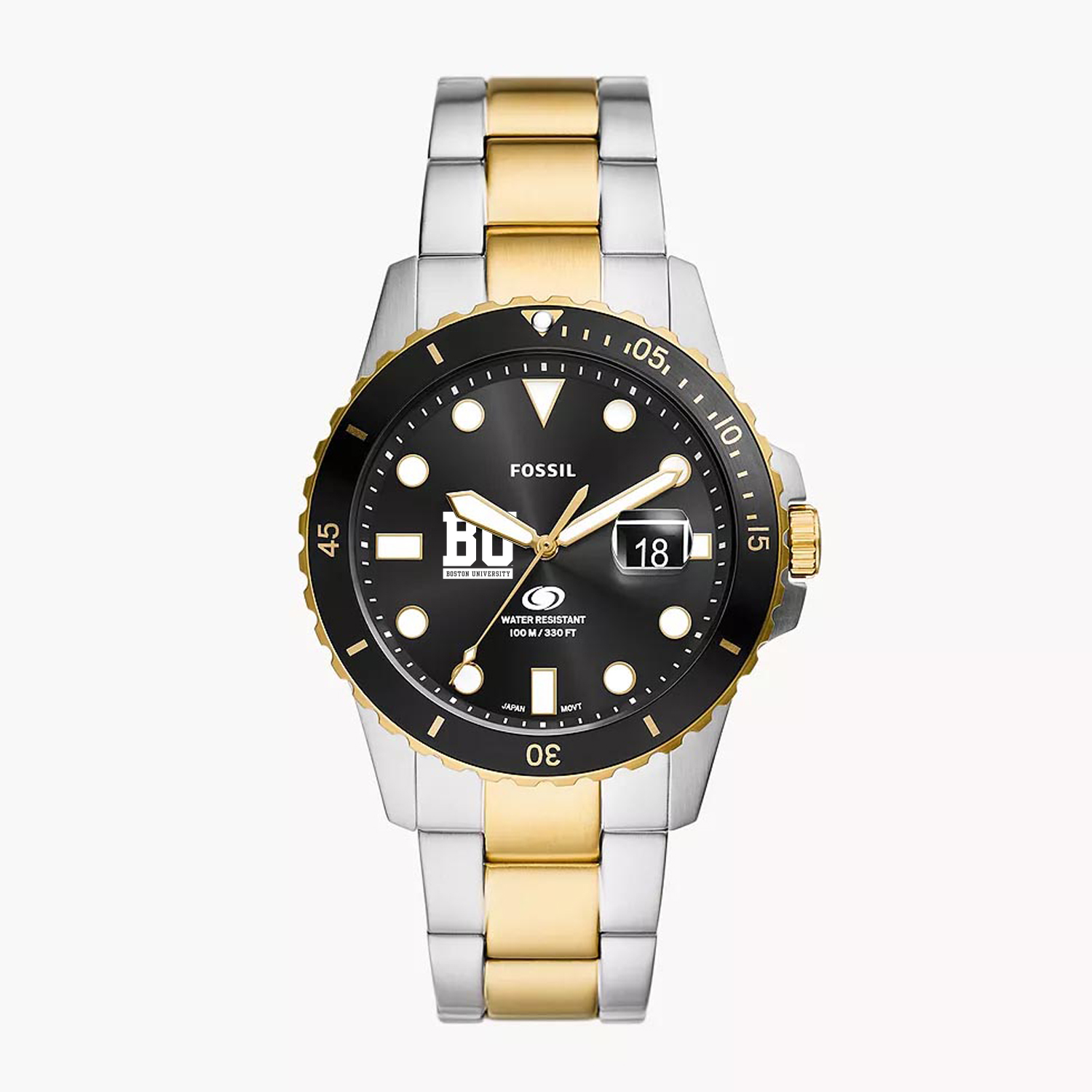 Men's Fossil  Silver Boston University Blue Dive Three-Hand Date Two-Tone Stainless Steel Watch