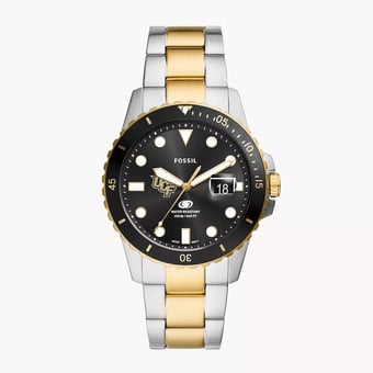 Men's Fossil  Silver UCF Knights Blue Dive Three-Hand Date Two-Tone Stainless Steel Watch