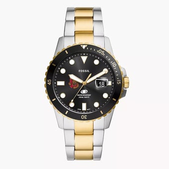 Men's Fossil  Silver Cornell Big Red Blue Dive Three-Hand Date Two-Tone Stainless Steel Watch