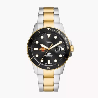 Men's Fossil  Silver Iowa State Cyclones Blue Dive Three-Hand Date Two-Tone Stainless Steel Watch