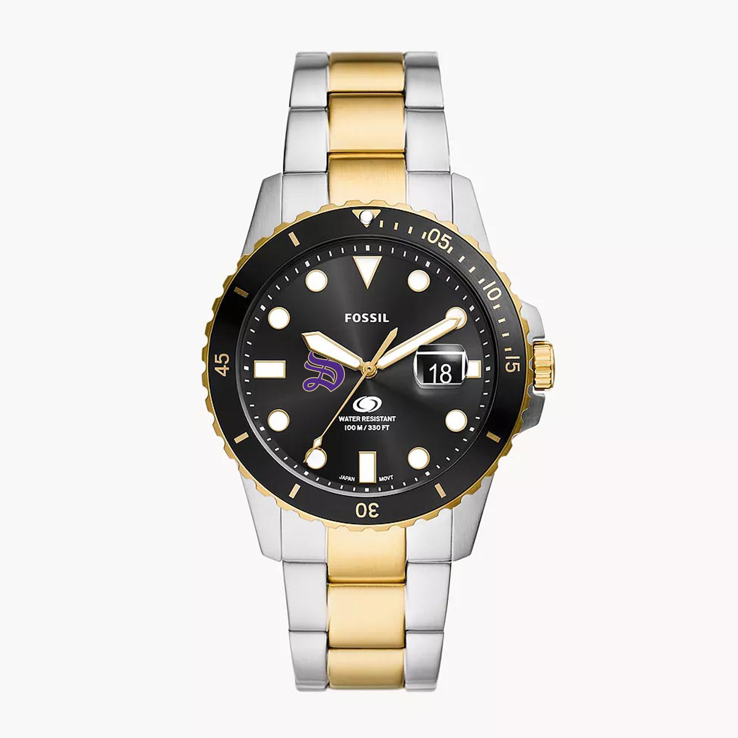 Men's Fossil  Silver Sewanee Tigers Blue Dive Three-Hand Date Two-Tone Stainless Steel Watch