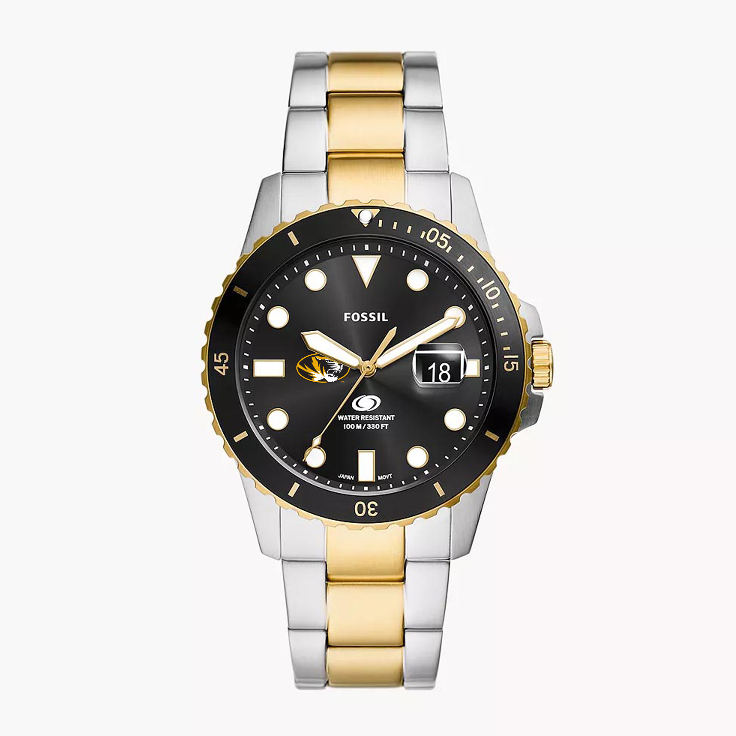 Men's Fossil  Silver Missouri Tigers Blue Dive Three-Hand Date Two-Tone Stainless Steel Watch