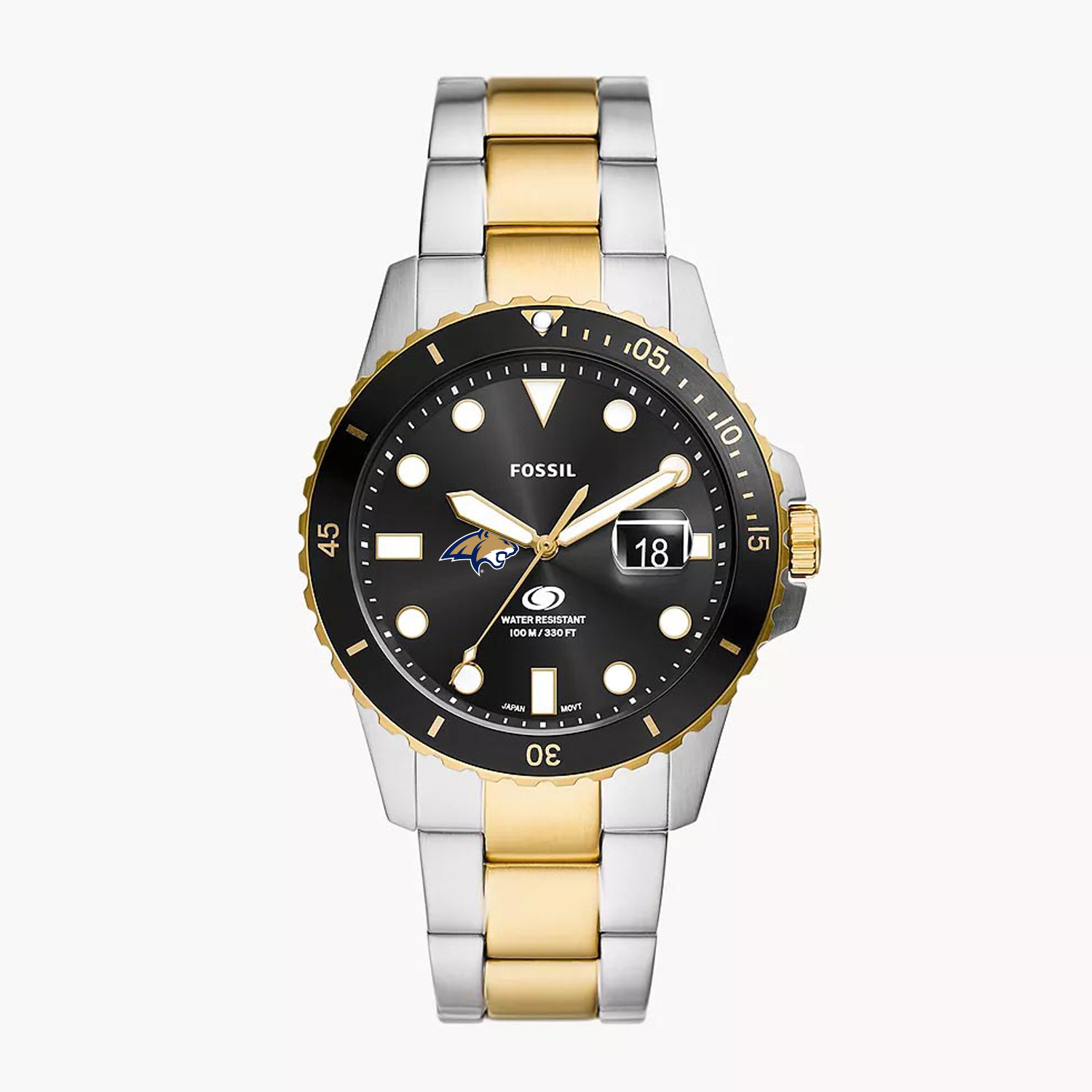 Men's Fossil  Silver Montana State Bobcats Blue Dive Three-Hand Date Two-Tone Stainless Steel Watch