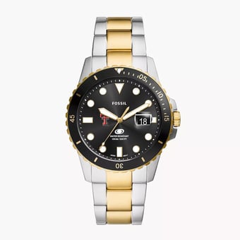 Men's Fossil  Silver Texas Tech Red Raiders Blue Dive Three-Hand Date Two-Tone Stainless Steel Watch