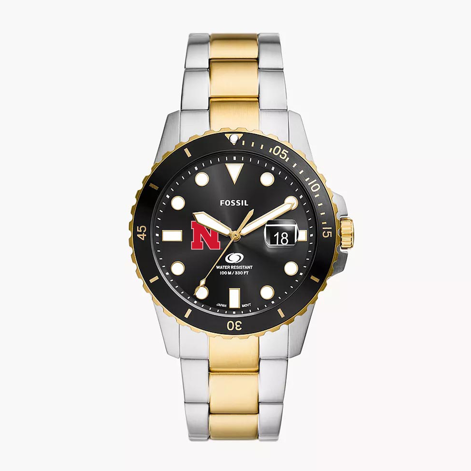 Men's Fossil  Silver Nebraska Huskers Blue Dive Three-Hand Date Two-Tone Stainless Steel Watch