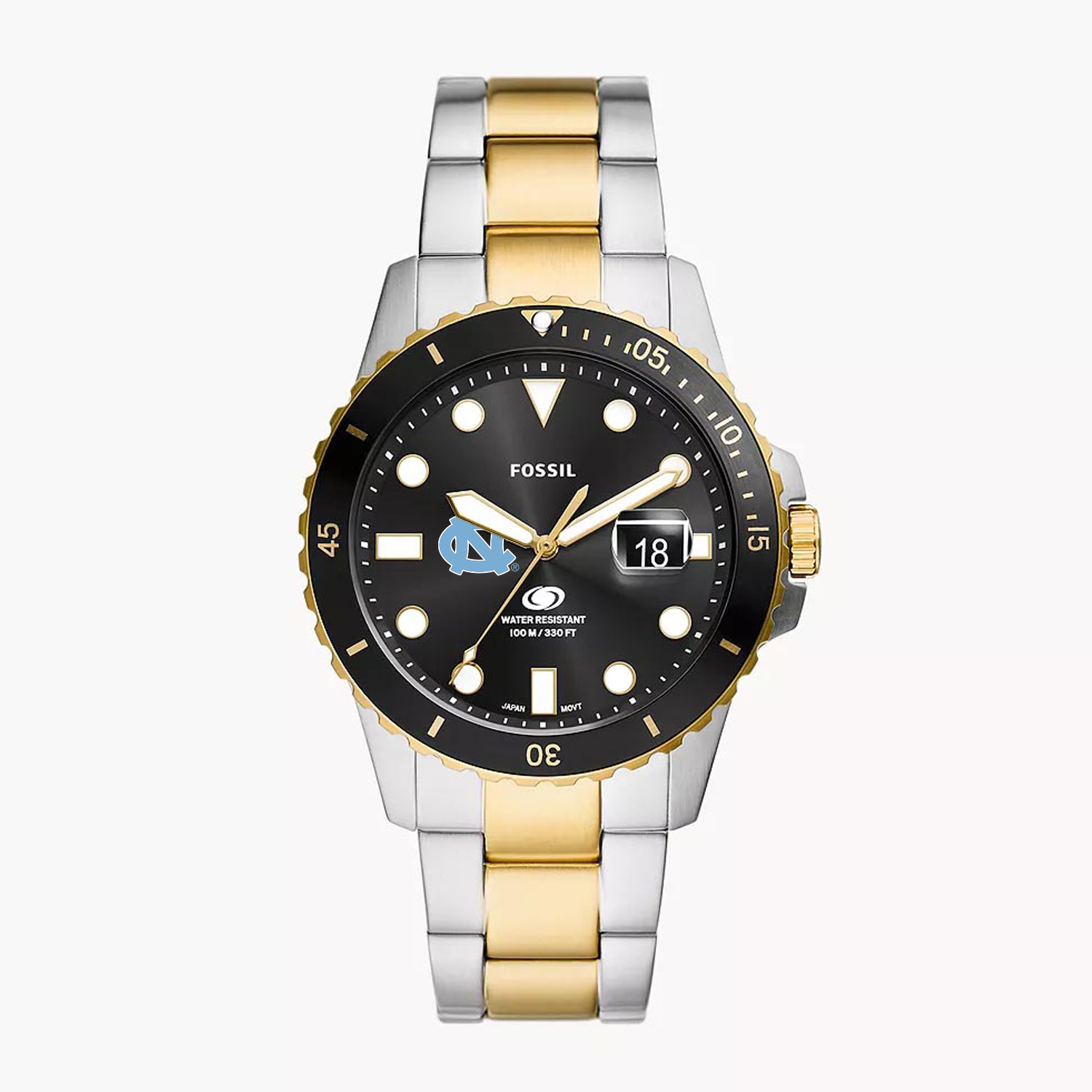 Men's Fossil  Silver North Carolina Tar Heels Blue Dive Three-Hand Date Two-Tone Stainless Steel Watch