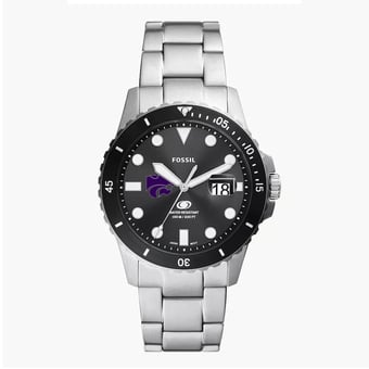 Men's Fossil Silver Kansas State Wildcats Blue Dive Three-Hand Date Stainless Steel Watch