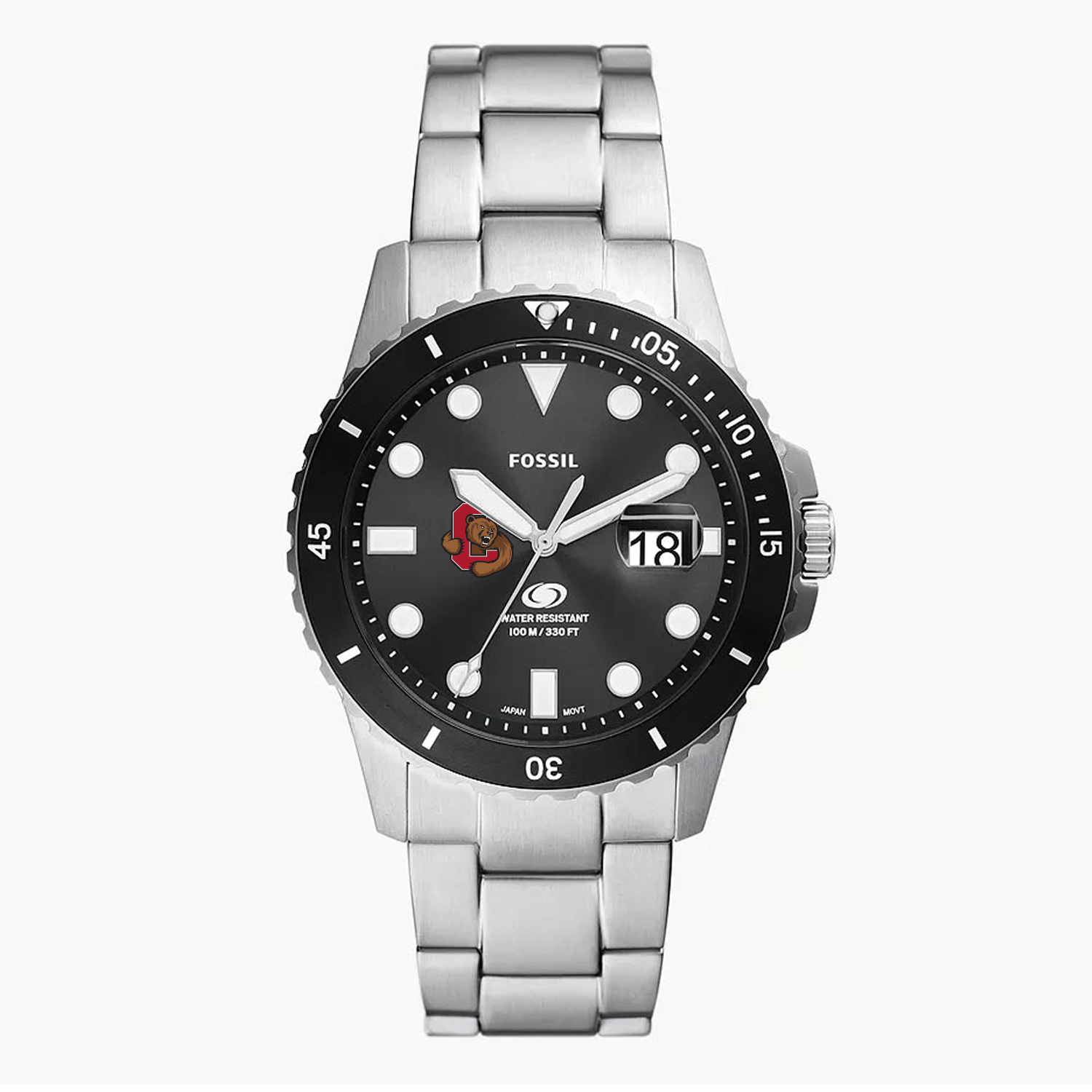 Men's Fossil Silver Cornell Big Red Blue Dive Three-Hand Date Stainless Steel Watch