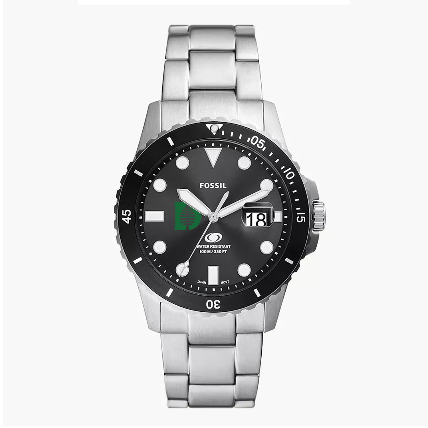 Men's Fossil Silver Dartmouth Big Green Blue Dive Three-Hand Date Stainless Steel Watch