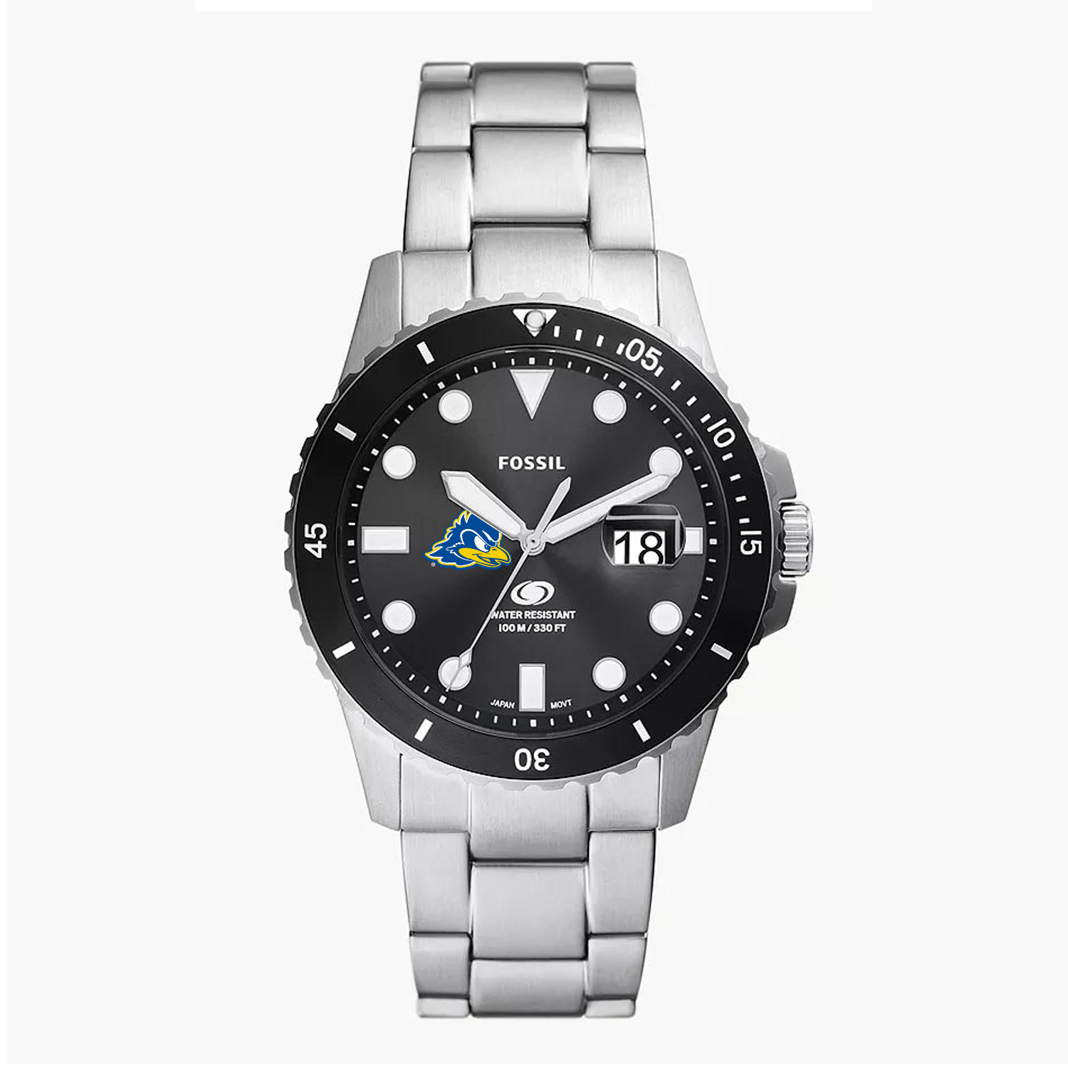 Men's Fossil Silver Delaware Fightin' Blue Hens Blue Dive Three-Hand Date Stainless Steel Watch