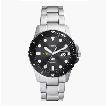 Men's Fossil Silver Drexel Dragons Blue Dive Three-Hand Date Stainless Steel Watch