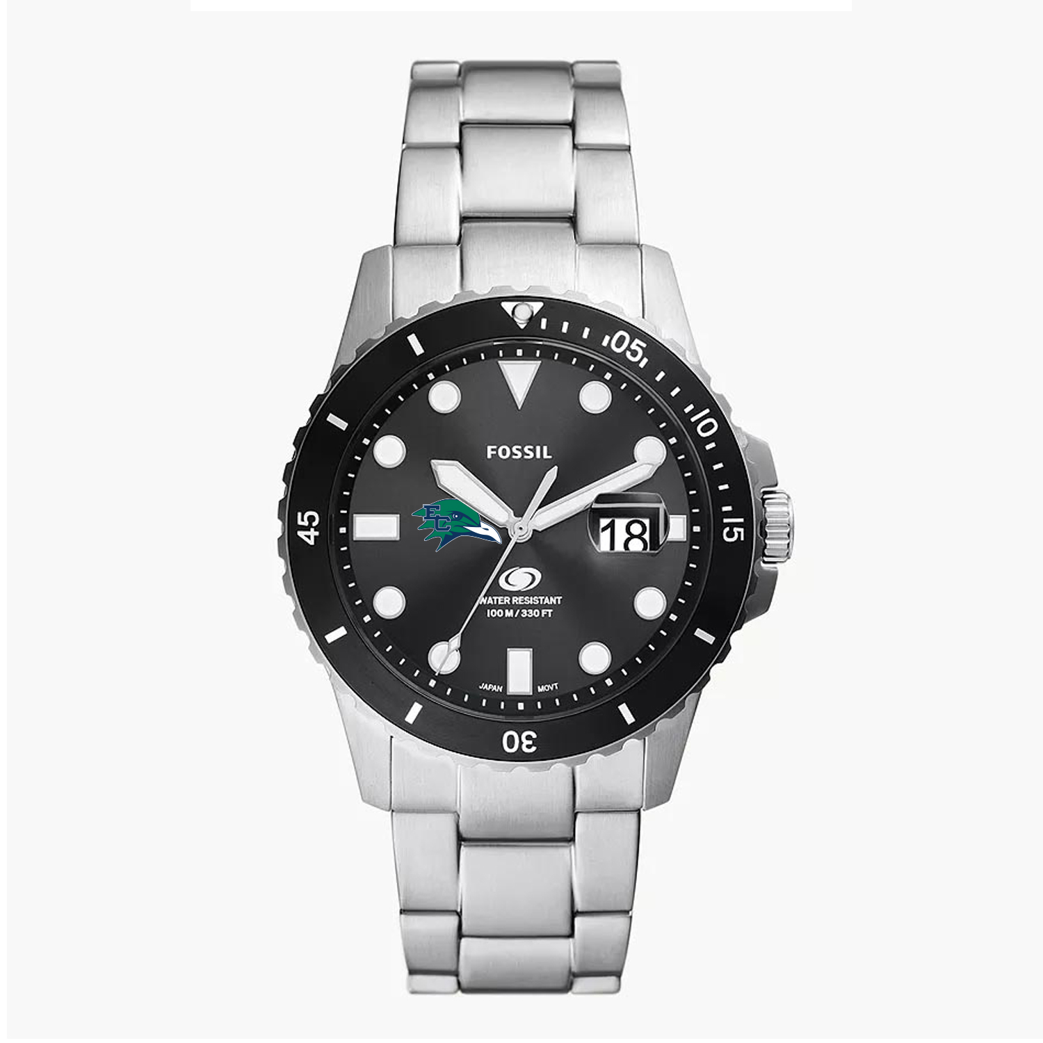 Men's Fossil Silver Endicott College Blue Dive Three-Hand Date Stainless Steel Watch