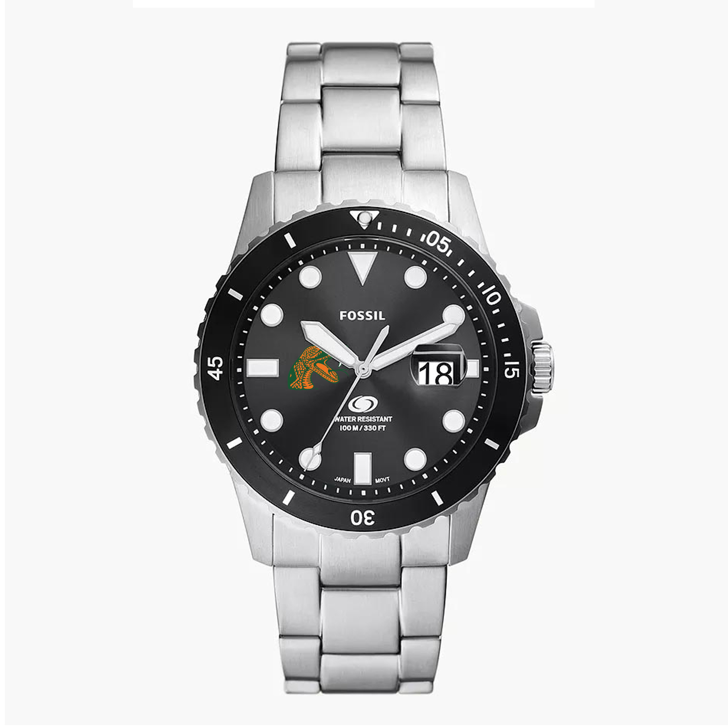 Men's Fossil Silver Florida A&M Rattlers Blue Dive Three-Hand Date Stainless Steel Watch