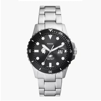 Men's Fossil Silver Case Western Reserve Spartans Blue Dive Three-Hand Date Stainless Steel Watch