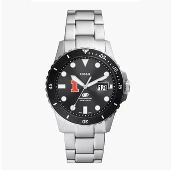 Men's Fossil Silver Illinois Fighting Illini Blue Dive Three-Hand Date Stainless Steel Watch