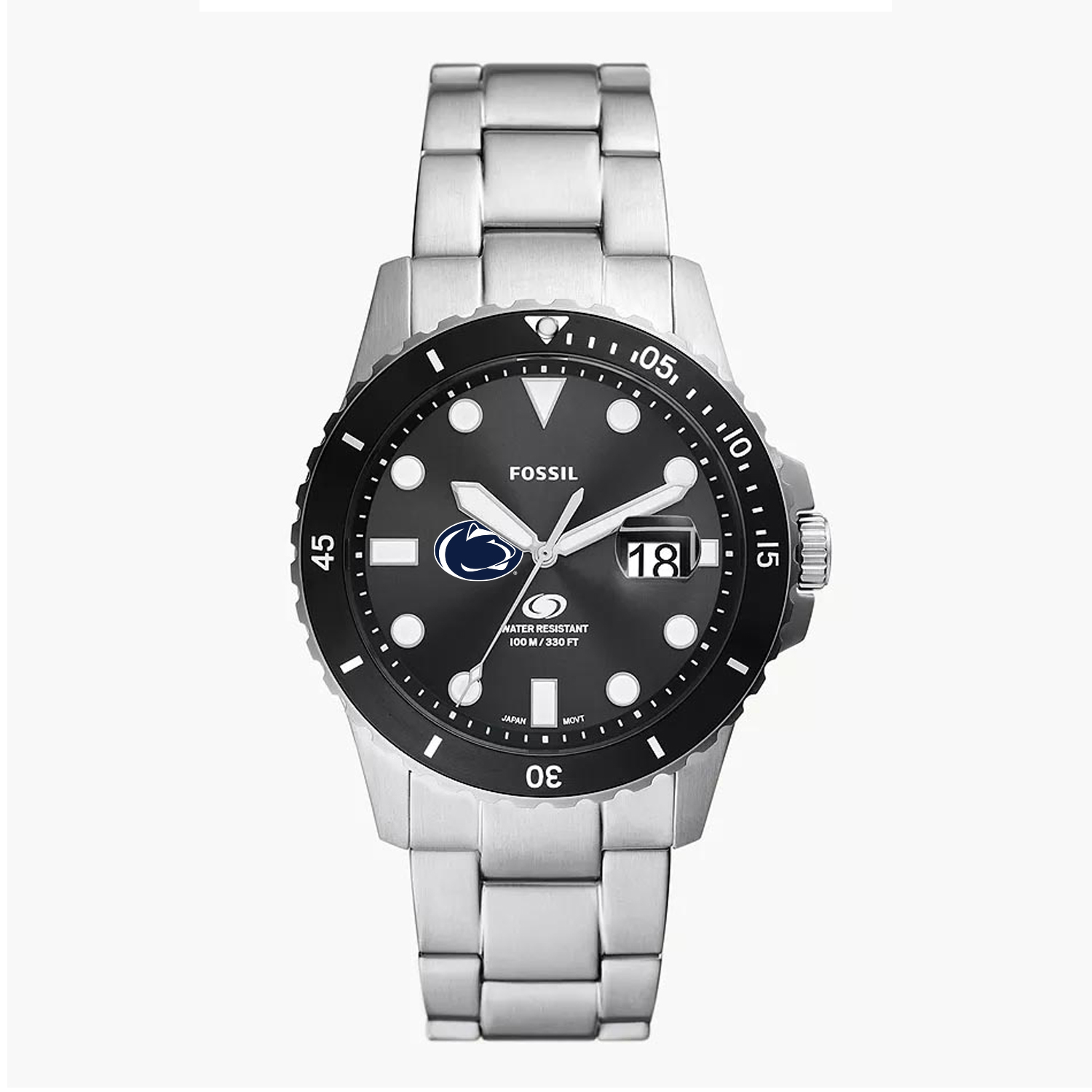 Men's Fossil Silver Penn State Nittany Lions Blue Dive Three-Hand Date Stainless Steel Watch