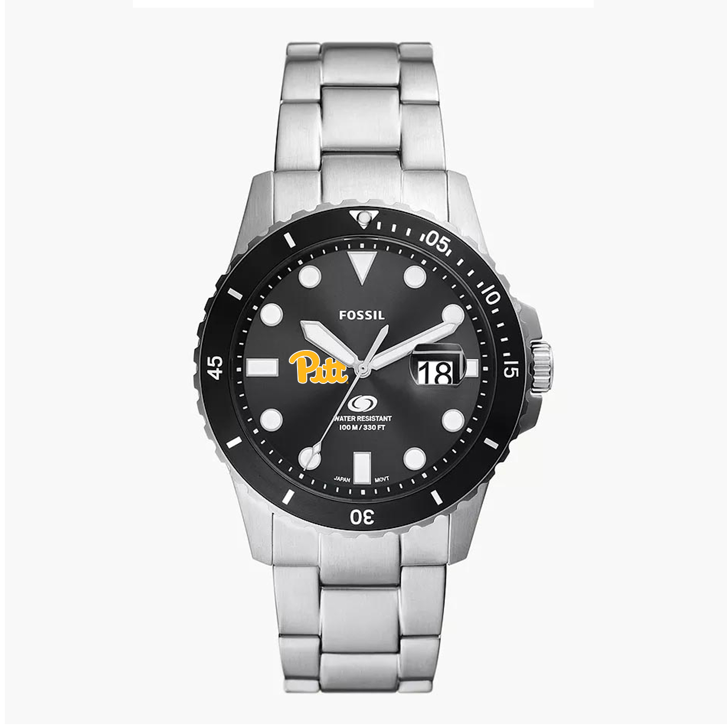 Men's Fossil Silver Pitt Panthers Blue Dive Three-Hand Date Stainless Steel Watch