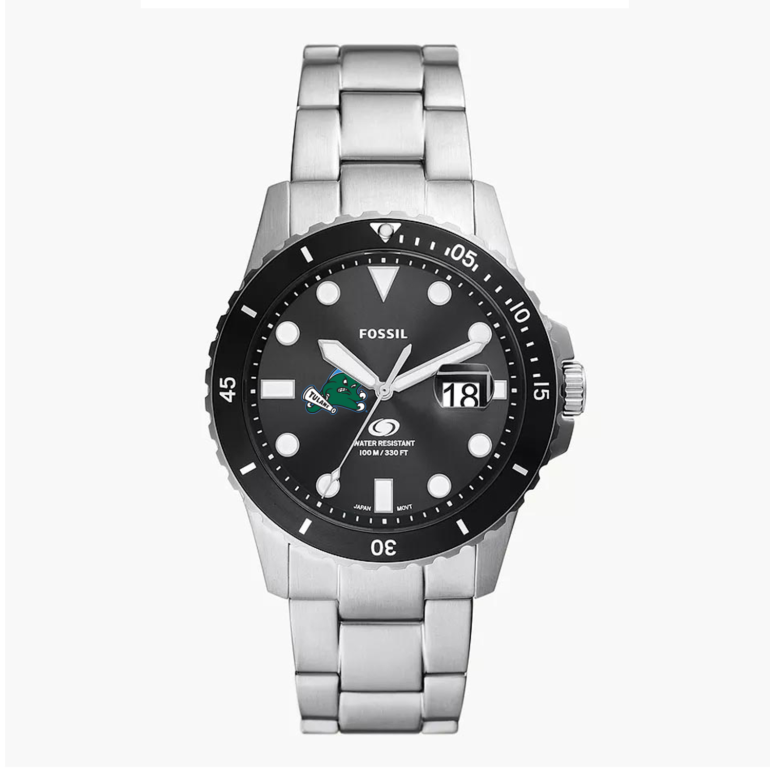 Men's Fossil Silver Tulane Green Wave Blue Dive Three-Hand Date Stainless Steel Watch