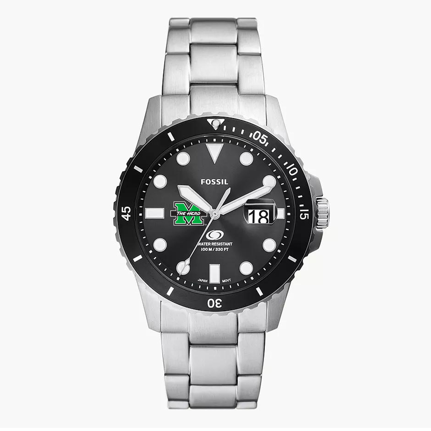 Men's Fossil Silver Marshall Thundering Herd Blue Dive Three-Hand Date Stainless Steel Watch