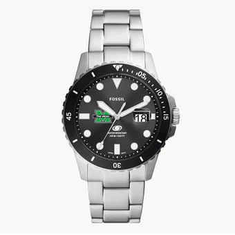 Men's Fossil Silver Marshall Thundering Herd Blue Dive Three-Hand Date Stainless Steel Watch