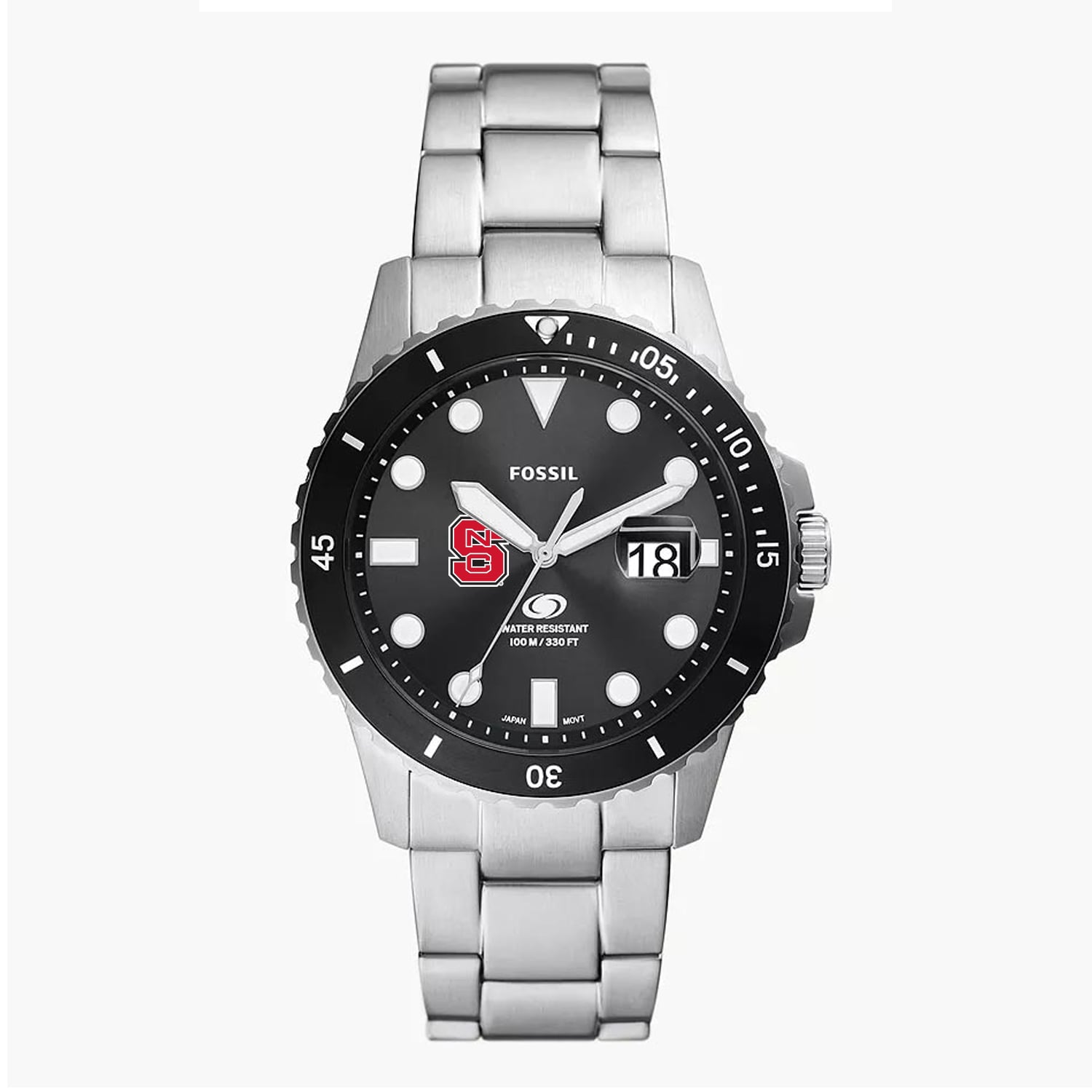 Men's Fossil Silver NC State Wolfpack Blue Dive Three-Hand Date Stainless Steel Watch