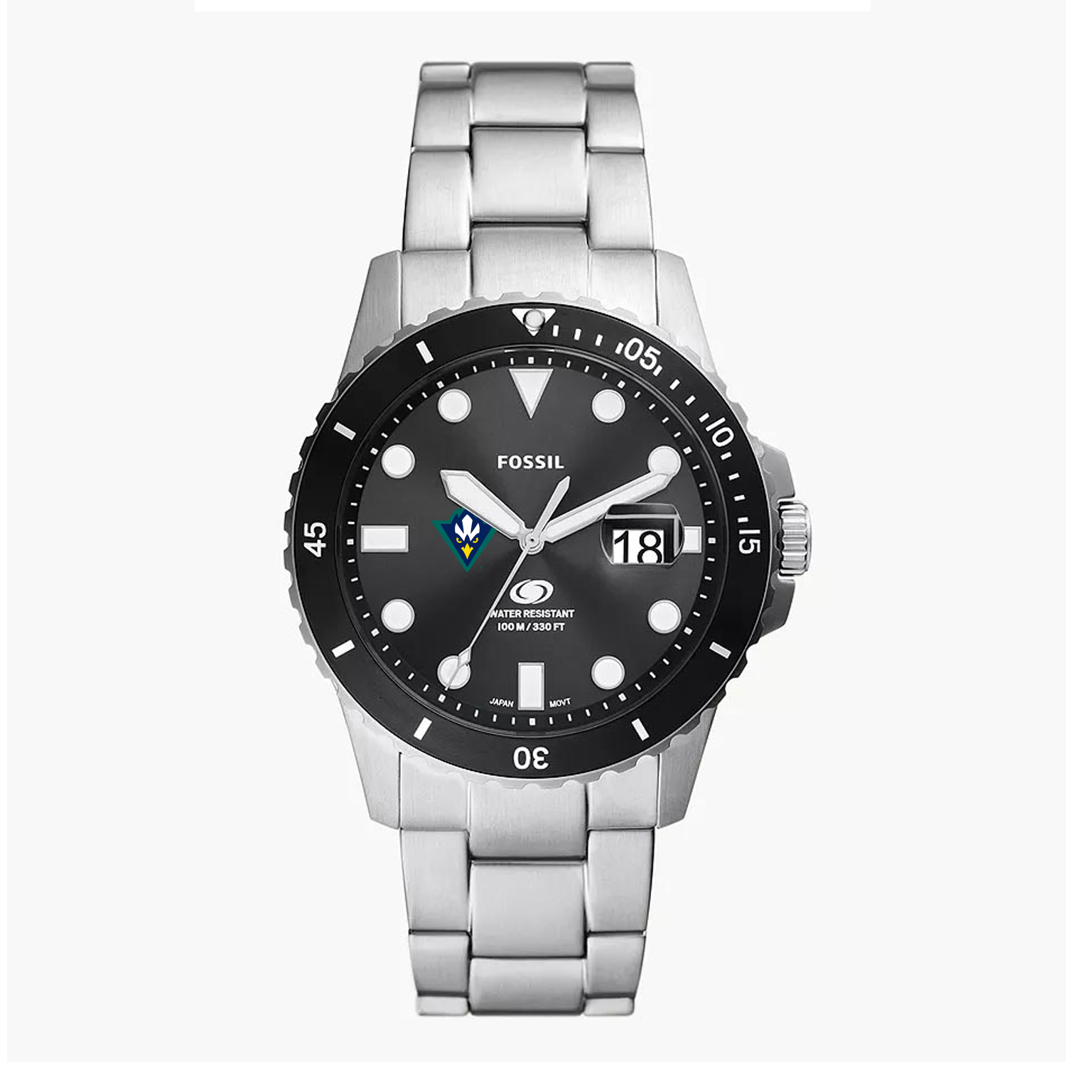 Men's Fossil Silver UNC Wilmington Seahawks Blue Dive Three-Hand Date Stainless Steel Watch