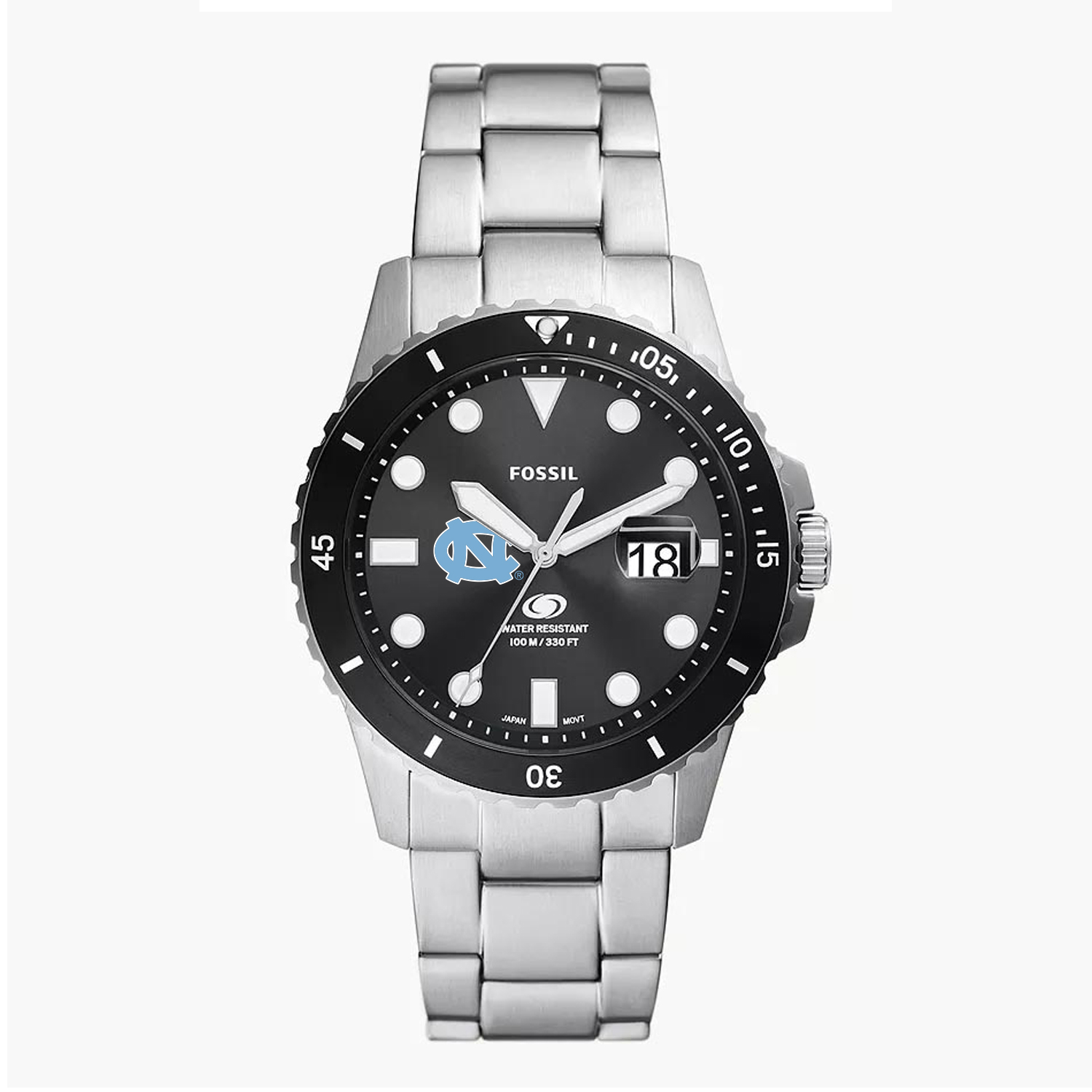 Men's Fossil Silver North Carolina Tar Heels Blue Dive Three-Hand Date Stainless Steel Watch