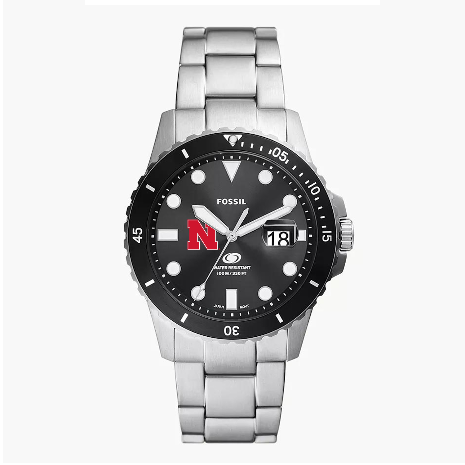 Men's Fossil Silver Nebraska Huskers Blue Dive Three-Hand Date Stainless Steel Watch
