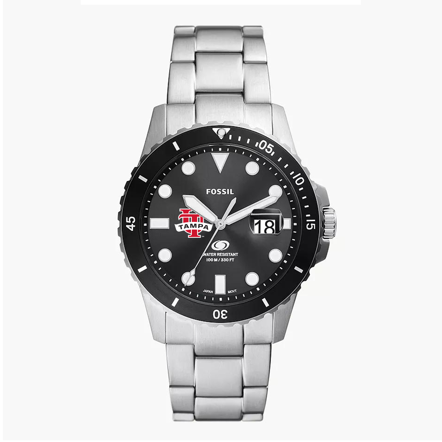 Men's Fossil Silver Tampa Spartans Blue Dive Three-Hand Date Stainless Steel Watch