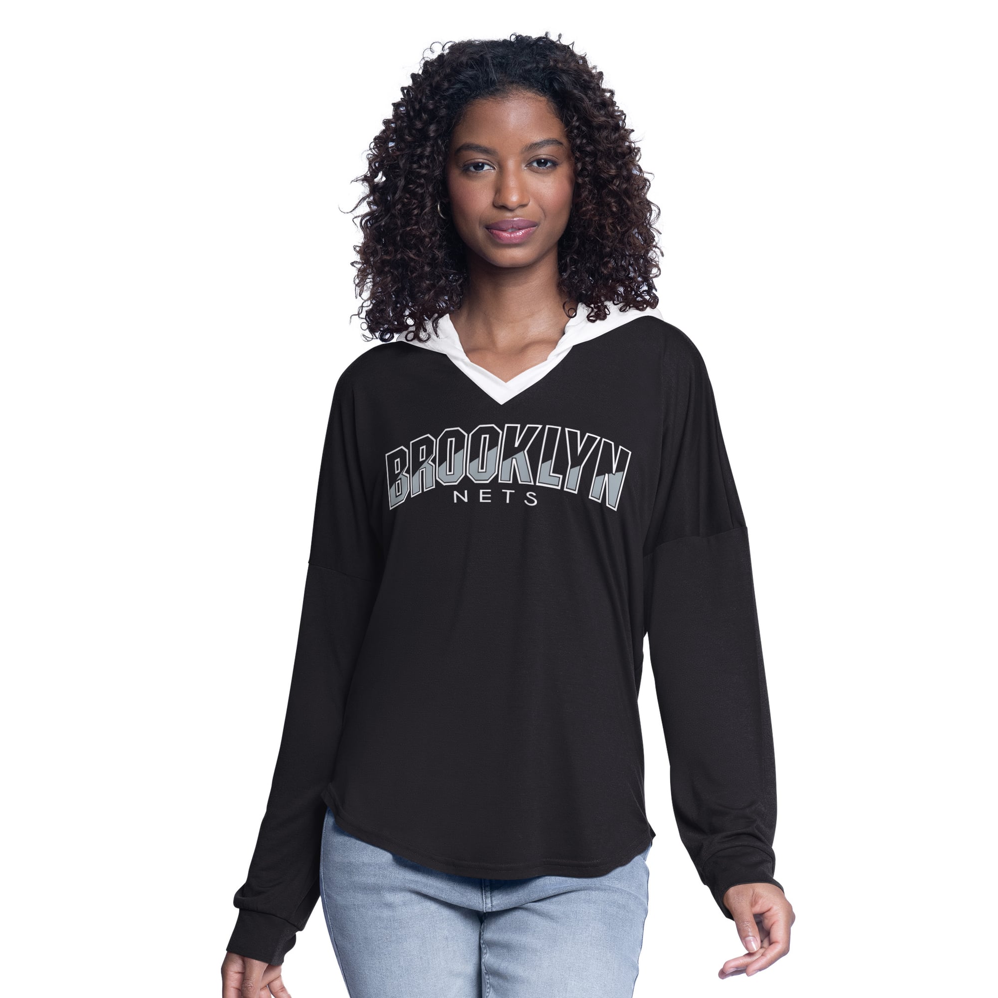 Women's G-III 4Her by Carl Banks Black Brooklyn Nets Bench Player Oversized Long Sleeve Hooded Top