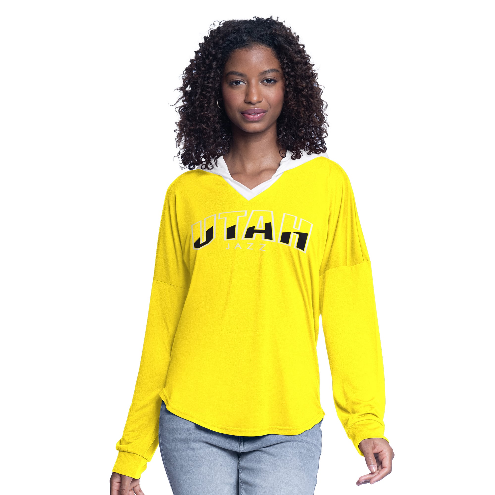 Women's G-III 4Her by Carl Banks Gold Utah Jazz Bench Player Oversized Long Sleeve Hooded Top