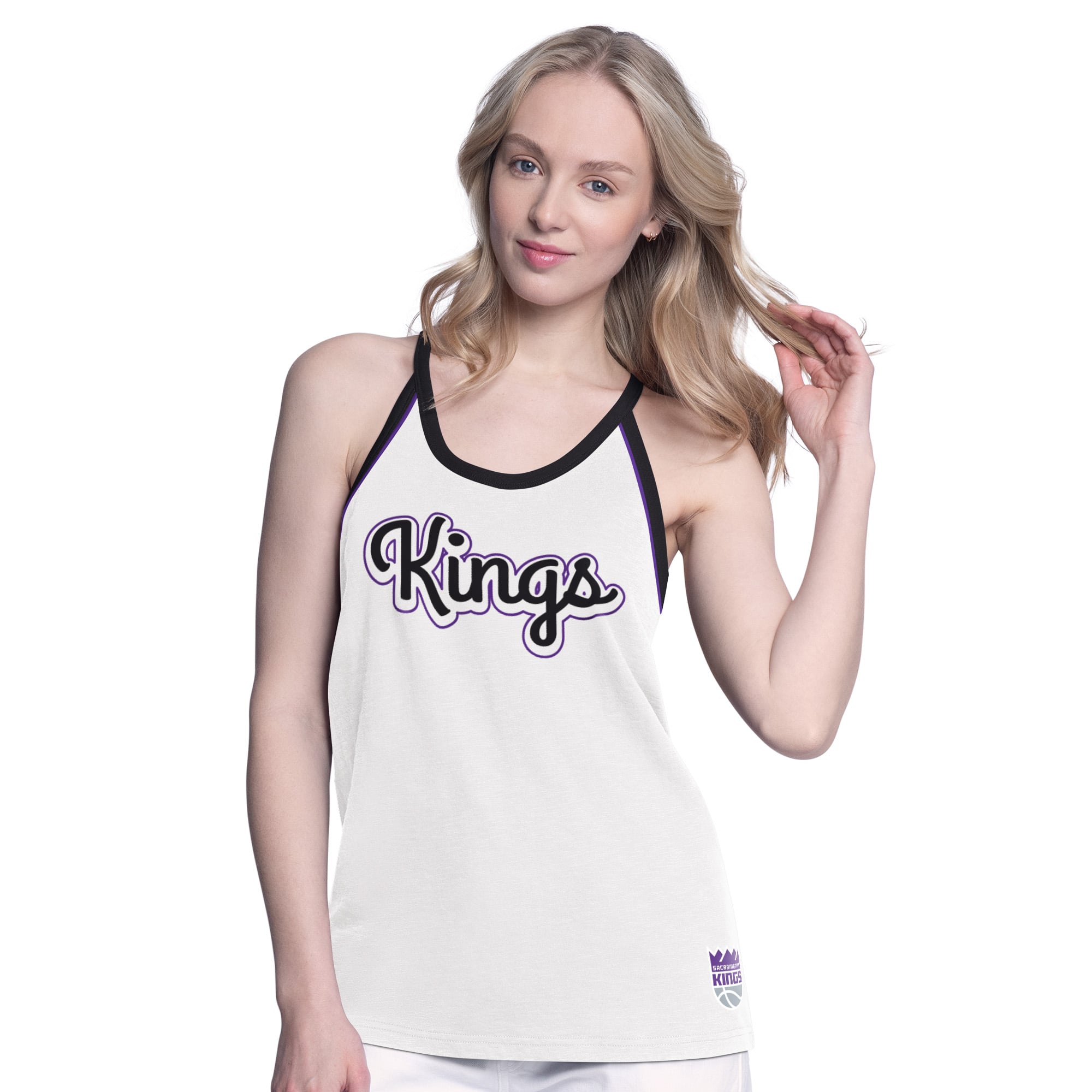 Women's G-III 4Her by Carl Banks White Sacramento Kings Curveball Racerback Scoop Neck Slub Tank Top