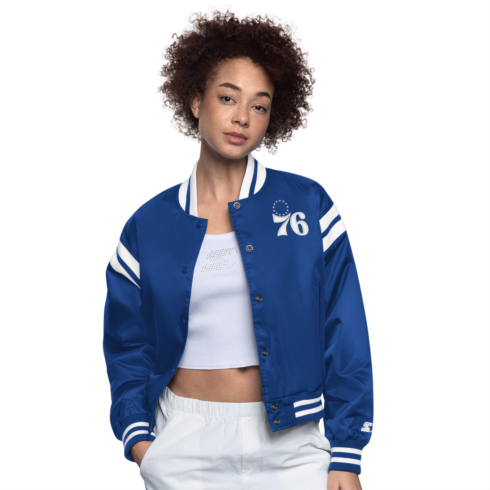 Women's Starter Royal/White Philadelphia 76ers Full Count Satin Full-Snap Varsity Jacket
