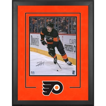 Travis Sanheim Philadelphia Flyers Autographed Deluxe Framed 16" x 20" Black Jersey Skating Photograph