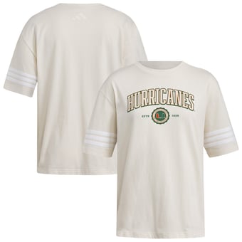 Women's adidas Cream Miami Hurricanes Fashion Three-Stripes Oversized T-Shirt