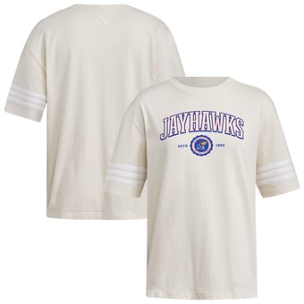 Women's adidas Cream Kansas Jayhawks Fashion Three-Stripes Oversized T-Shirt