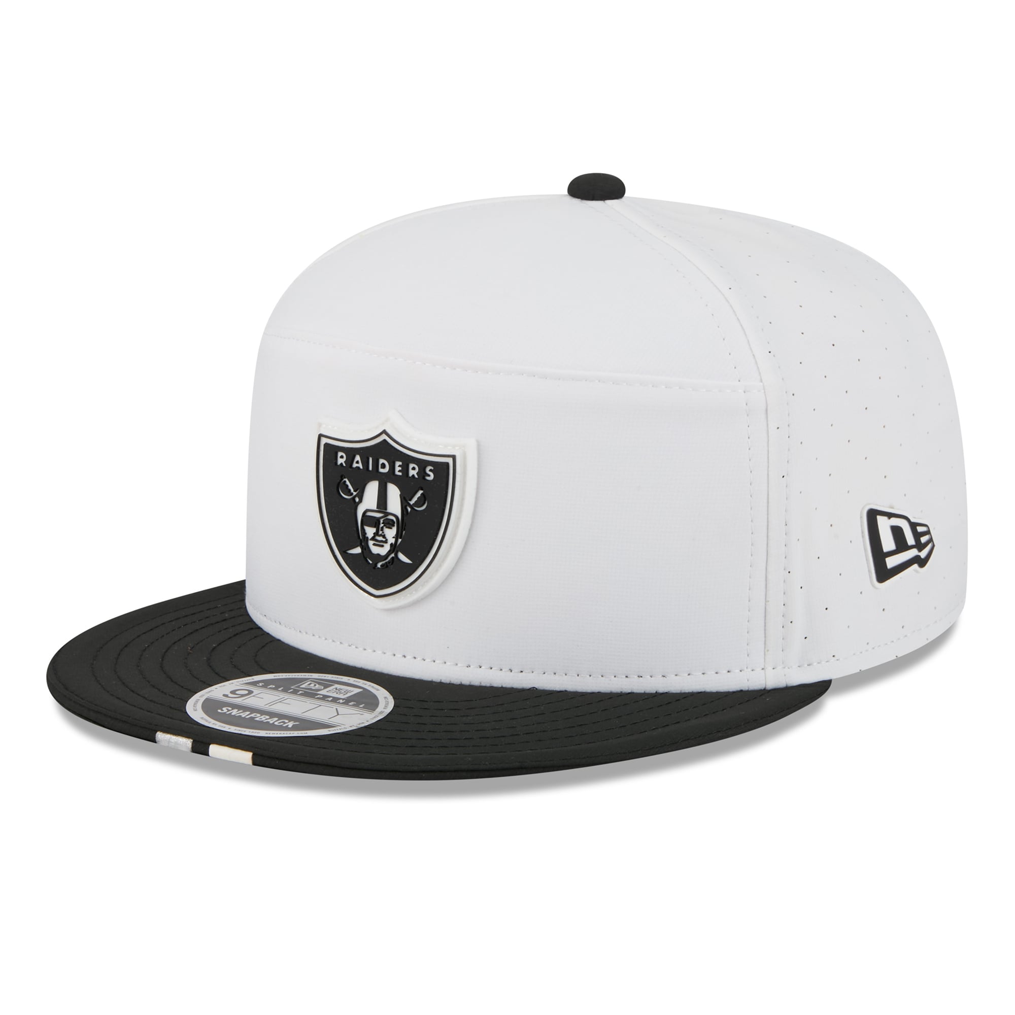 Men's New Era  White/Black Las Vegas Raiders 2025 NFL Training Camp Split Panel 9FIFTY Snapback Hat