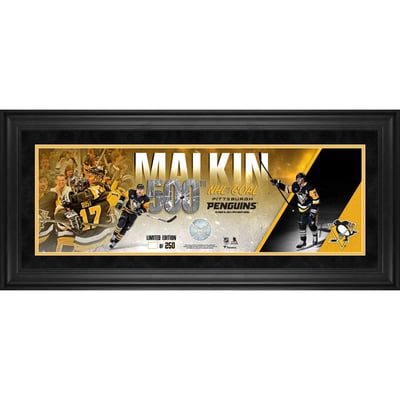 Evgeni Malkin Pittsburgh Penguins Framed 10" x 30" 500th NHL Goal Panoramic Collage with a Piece of Game-Used Net from PPG Paints Arena on October 16, 2024 - Limited Edition of 250