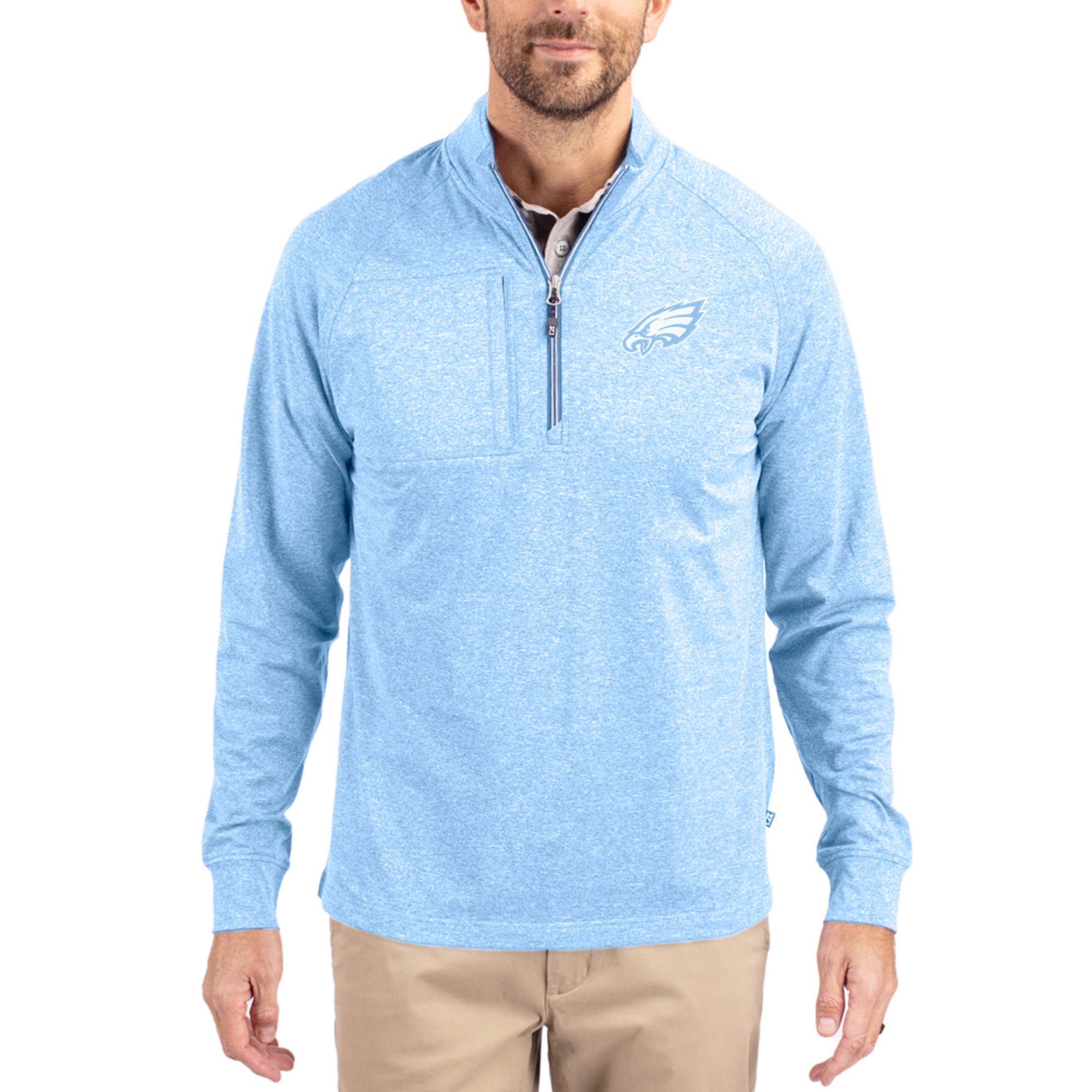 Men's Cutter & Buck Powder Blue Philadelphia Eagles Raglan Adapt Eco Knit Heather Quarter-Zip Top