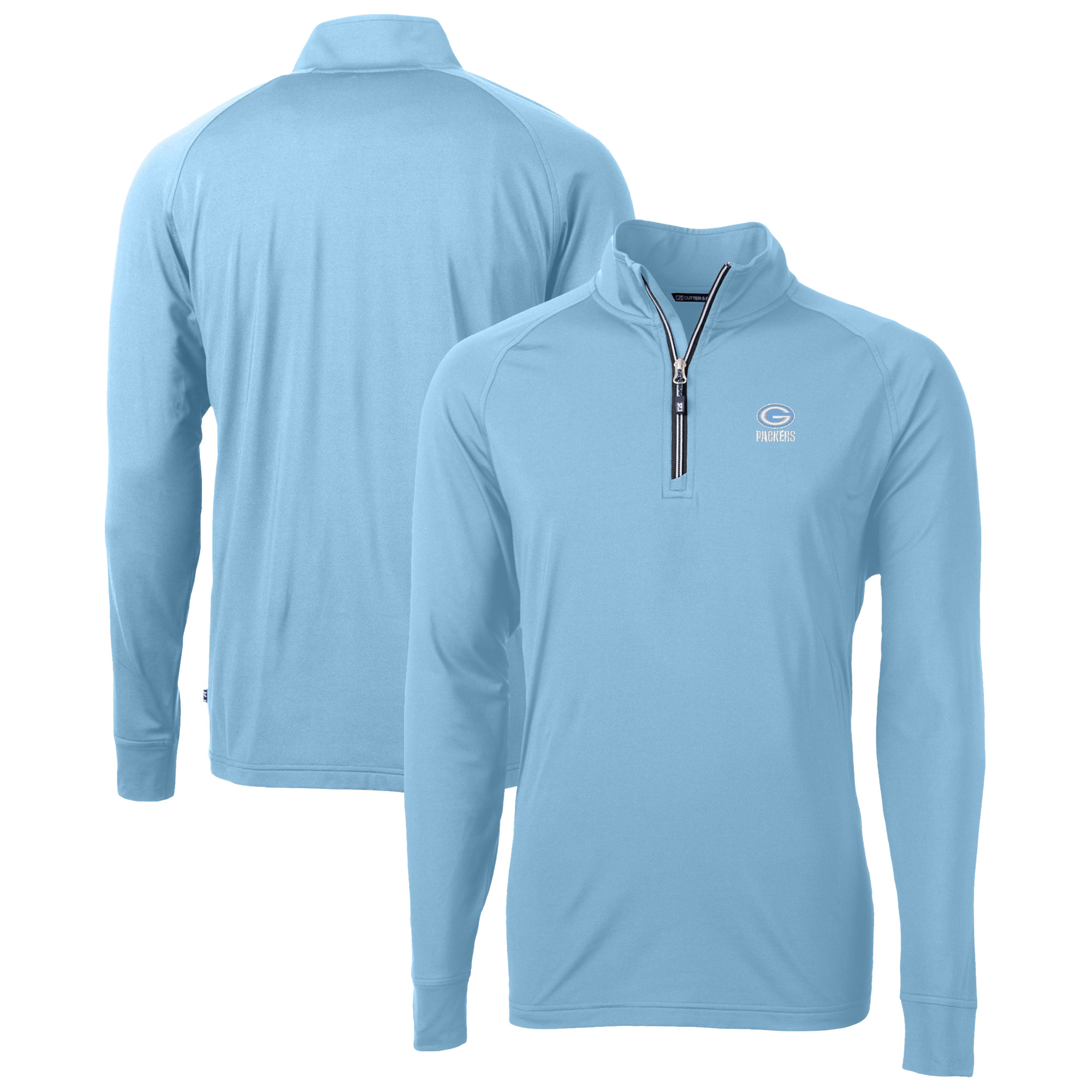 Men's Cutter & Buck Powder Blue Green Bay Packers Raglan Adapt Eco Knit Stretch Recycled Quarter-Zip Top