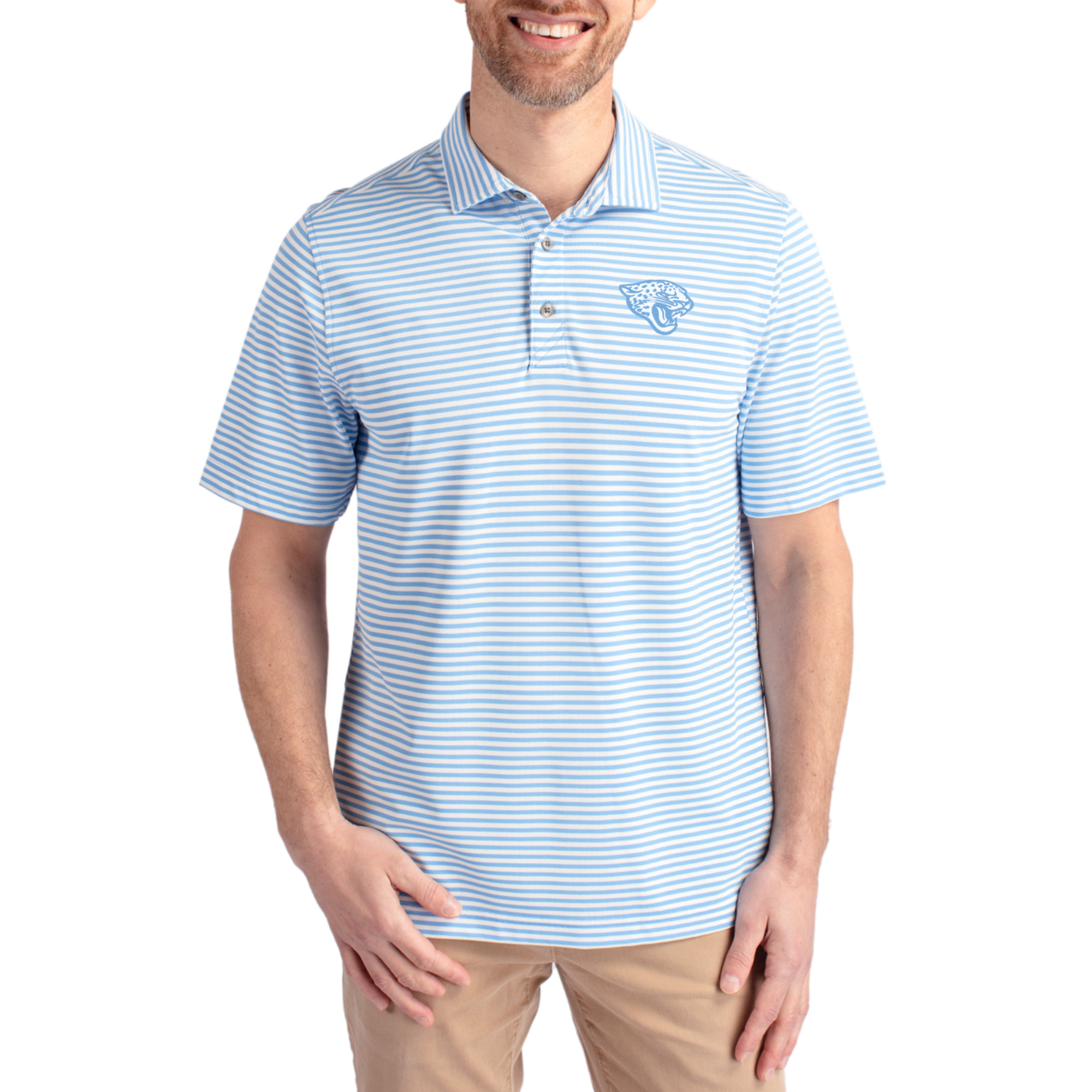 Men's Cutter & Buck Powder Blue Jacksonville Jaguars Virtue Eco Pique Stripe Recycled Polo